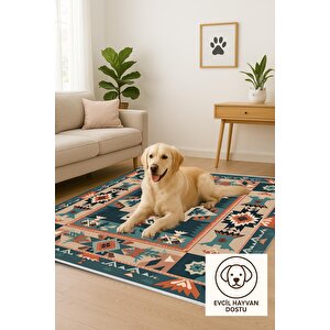 Mutfak Halısı – Pamuk Dokuma Taban Halı – Teal; Orange; Cream – Tribal Desen, Makinede Yıkanabilir, Kolay Temizlenebilir, Toz Ve Tüy Tutmaz, Kaymaz, Evcil Hayvan Dostu
