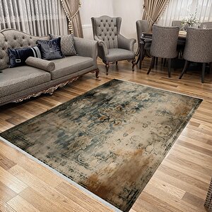 Halı – Kahverengi; Krem – Eskitilmiş Görünümlü Tasarım, Makinede Yıkanabilir, Kolay Temizlenebilir, Toz Ve Tüy Tutmaz, Kaymaz, Evcil Hayvan Dostu 160x180 cm