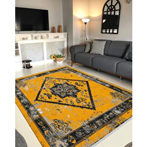 Pamuk Dokuma Taban Halı – Sarı; Siyah; Gri – Oriental Desen, Makinede Yıkanabilir, Kolay Temizlenebilir, Toz Ve Tüy Tutmaz, Kaymaz, Evcil Hayvan Dostu 180x200 cm