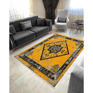 Pamuk Dokuma Taban Halı – Sarı; Siyah; Gri – Oriental Desen, Makinede Yıkanabilir, Kolay Temizlenebilir, Toz Ve Tüy Tutmaz, Kaymaz, Evcil Hayvan Dostu 180x200 cm