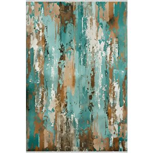 Robot Süpürgeye Uygun Halı – Pamuk Dokuma Taban Halı – Turkuaz; Kahverengi; Beyaz – Eskitilmiş Görünümlü (vintage Look) Desen, Makinede Yıkanabilir, Kolay Temizlenebilir, Toz Ve Tüy Tutmaz, Kaymaz, Evcil Hayvan Dostu 160x350 cm