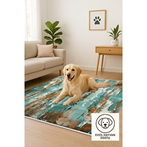 Robot Süpürgeye Uygun Halı – Pamuk Dokuma Taban Halı – Turkuaz; Kahverengi; Beyaz – Eskitilmiş Görünümlü (vintage Look) Desen, Makinede Yıkanabilir, Kolay Temizlenebilir, Toz Ve Tüy Tutmaz, Kaymaz, Evcil Hayvan Dostu 160x350 cm