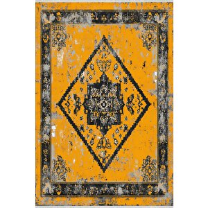 Pamuk Dokuma Taban Halı – Sarı; Siyah; Gri – Oriental Desen, Makinede Yıkanabilir, Kolay Temizlenebilir, Toz Ve Tüy Tutmaz, Kaymaz, Evcil Hayvan Dostu 80x150 cm