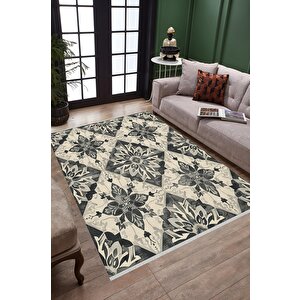 Pamuk Dokuma Taban Halı – Siyah; Gri; Krem – Geometrik Desen, Makinede Yıkanabilir, Kolay Temizlenebilir, Toz Ve Tüy Tutmaz, Kaymaz, Evcil Hayvan Dostu 120x180 cm