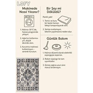 Pamuk Dokuma Taban Halı – Krem; Siyah; Gri – Geleneksel Desen, Makinede Yıkanabilir, Kolay Temizlenebilir, Toz Ve Tüy Tutmaz, Kaymaz, Evcil Hayvan Dostu