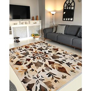 Mutfak Halısı – Krem; Kahverengi; Bej – Floral Desen, Makinede Yıkanabilir, Kolay Temizlenebilir, Toz Ve Tüy Tutmaz, Kaymaz, Evcil Hayvan Dostu