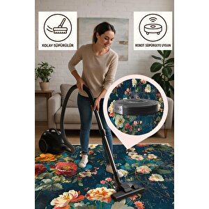 Yıkanabilir Salon Halısı – Lacivert; Yeşil; Krem – Floral Desen, Makinede Yıkanabilir, Kolay Temizlenebilir, Toz Ve Tüy Tutmaz, Kaymaz, Evcil Hayvan Dostu