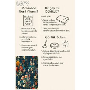 Yıkanabilir Salon Halısı – Lacivert; Yeşil; Krem – Floral Desen, Makinede Yıkanabilir, Kolay Temizlenebilir, Toz Ve Tüy Tutmaz, Kaymaz, Evcil Hayvan Dostu
