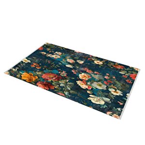 Yıkanabilir Salon Halısı – Lacivert; Yeşil; Krem – Floral Desen, Makinede Yıkanabilir, Kolay Temizlenebilir, Toz Ve Tüy Tutmaz, Kaymaz, Evcil Hayvan Dostu
