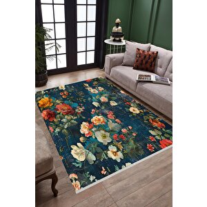 Yıkanabilir Salon Halısı – Lacivert; Yeşil; Krem – Floral Desen, Makinede Yıkanabilir, Kolay Temizlenebilir, Toz Ve Tüy Tutmaz, Kaymaz, Evcil Hayvan Dostu