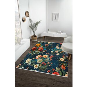 Yıkanabilir Salon Halısı – Lacivert; Yeşil; Krem – Floral Desen, Makinede Yıkanabilir, Kolay Temizlenebilir, Toz Ve Tüy Tutmaz, Kaymaz, Evcil Hayvan Dostu