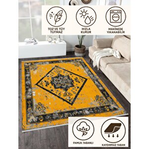 Pamuk Dokuma Taban Halı – Sarı; Siyah; Gri – Oriental Desen, Makinede Yıkanabilir, Kolay Temizlenebilir, Toz Ve Tüy Tutmaz, Kaymaz, Evcil Hayvan Dostu