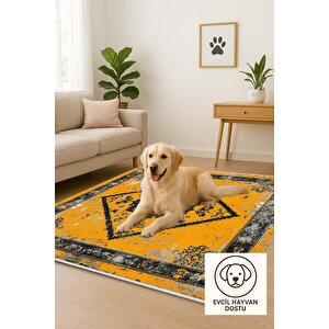 Pamuk Dokuma Taban Halı – Sarı; Siyah; Gri – Oriental Desen, Makinede Yıkanabilir, Kolay Temizlenebilir, Toz Ve Tüy Tutmaz, Kaymaz, Evcil Hayvan Dostu