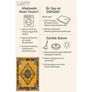 Pamuk Dokuma Taban Halı – Sarı; Siyah; Gri – Oriental Desen, Makinede Yıkanabilir, Kolay Temizlenebilir, Toz Ve Tüy Tutmaz, Kaymaz, Evcil Hayvan Dostu