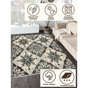 Pamuk Dokuma Taban Halı – Siyah; Gri; Krem – Geometrik Desen, Makinede Yıkanabilir, Kolay Temizlenebilir, Toz Ve Tüy Tutmaz, Kaymaz, Evcil Hayvan Dostu 150x300 cm