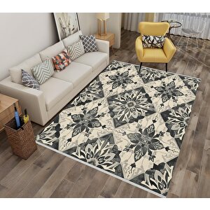 Pamuk Dokuma Taban Halı – Siyah; Gri; Krem – Geometrik Desen, Makinede Yıkanabilir, Kolay Temizlenebilir, Toz Ve Tüy Tutmaz, Kaymaz, Evcil Hayvan Dostu