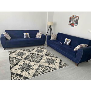 Pamuk Dokuma Taban Halı – Siyah; Gri; Krem – Geometrik Desen, Makinede Yıkanabilir, Kolay Temizlenebilir, Toz Ve Tüy Tutmaz, Kaymaz, Evcil Hayvan Dostu