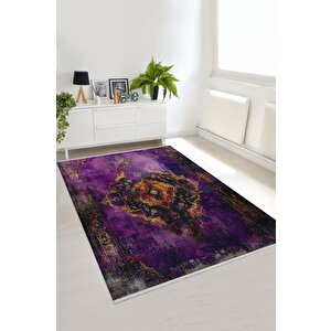 Pamuk Dokuma Taban Halı – Mor; Turuncu; Sarı – Eskitilmiş Görünümlü Oriental Desen, Makinede Yıkanabilir, Kolay Temizlenebilir, Toz Ve Tüy Tutmaz, Kaymaz, Evcil Hayvan Dostu 100x180 cm