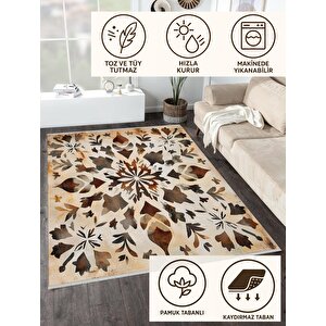 Mutfak Halısı – Krem; Kahverengi; Bej – Floral Desen, Makinede Yıkanabilir, Kolay Temizlenebilir, Toz Ve Tüy Tutmaz, Kaymaz, Evcil Hayvan Dostu