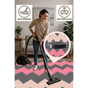 Mutfak Halısı – Pembe; Gri; Krem – Zigzag Desen, Makinede Yıkanabilir, Kolay Temizlenebilir, Toz Ve Tüy Tutmaz, Kaymaz, Evcil Hayvan Dostu