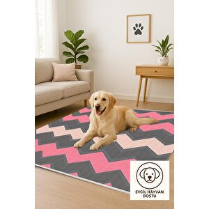 Mutfak Halısı – Pembe; Gri; Krem – Zigzag Desen, Makinede Yıkanabilir, Kolay Temizlenebilir, Toz Ve Tüy Tutmaz, Kaymaz, Evcil Hayvan Dostu