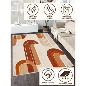 Pamuk Dokuma Taban Halı – Krem; Kahverengi; Turuncu – Geometrik Desen, Makinede Yıkanabilir, Kolay Temizlenebilir, Toz Ve Tüy Tutmaz, Kaymaz, Evcil Hayvan Dostu 200x220 cm
