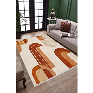 Pamuk Dokuma Taban Halı – Krem; Kahverengi; Turuncu – Geometrik Desen, Makinede Yıkanabilir, Kolay Temizlenebilir, Toz Ve Tüy Tutmaz, Kaymaz, Evcil Hayvan Dostu 200x220 cm