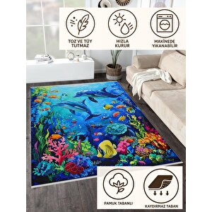 Pamuk Dokuma Taban Halı – Mavi; Sarı; Turuncu; Pembe; Yeşil – Denizaltı Desen, Makinede Yıkanabilir, Kolay Temizlenebilir, Toz Ve Tüy Tutmaz, Kaymaz, Evcil Hayvan Dostu 100x180 cm