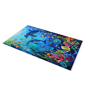 Pamuk Dokuma Taban Halı – Mavi; Sarı; Turuncu; Pembe; Yeşil – Denizaltı Desen, Makinede Yıkanabilir, Kolay Temizlenebilir, Toz Ve Tüy Tutmaz, Kaymaz, Evcil Hayvan Dostu