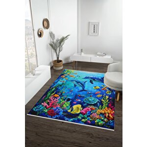 Pamuk Dokuma Taban Halı – Mavi; Sarı; Turuncu; Pembe; Yeşil – Denizaltı Desen, Makinede Yıkanabilir, Kolay Temizlenebilir, Toz Ve Tüy Tutmaz, Kaymaz, Evcil Hayvan Dostu