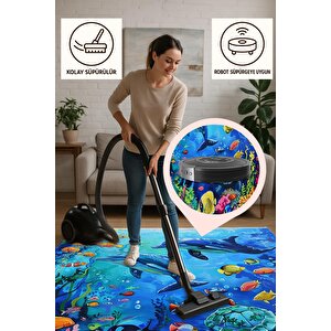 Pamuk Dokuma Taban Halı – Mavi; Sarı; Turuncu; Pembe; Yeşil – Denizaltı Desen, Makinede Yıkanabilir, Kolay Temizlenebilir, Toz Ve Tüy Tutmaz, Kaymaz, Evcil Hayvan Dostu