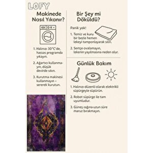 Pamuk Dokuma Taban Halı – Mor; Turuncu; Sarı – Eskitilmiş Görünümlü Oriental Desen, Makinede Yıkanabilir, Kolay Temizlenebilir, Toz Ve Tüy Tutmaz, Kaymaz, Evcil Hayvan Dostu