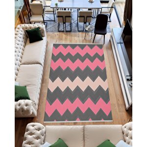Mutfak Halısı – Pembe; Gri; Krem – Zigzag Desen, Makinede Yıkanabilir, Kolay Temizlenebilir, Toz Ve Tüy Tutmaz, Kaymaz, Evcil Hayvan Dostu 150x240 cm