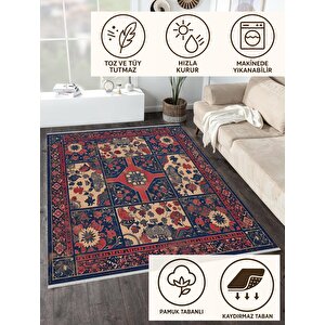 Robot Süpürgeye Uygun Halı – Pamuk Dokuma Taban Halı – Lacivert; Kırmızı; Bej – Geleneksel Çini Ve Çiçekli Tasarım, Makinede Yıkanabilir, Kolay Temizlenebilir, Toz Ve Tüy Tutmaz, Kaymaz, Evcil Hayvan Dostu 100x100 cm