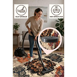 Oturma Odası Halısı – Bej; Turuncu – Eskitilmiş Görünümlü Tasarım, Makinede Yıkanabilir, Kolay Temizlenebilir, Toz Ve Tüy Tutmaz, Kaymaz, Evcil Hayvan Dostu