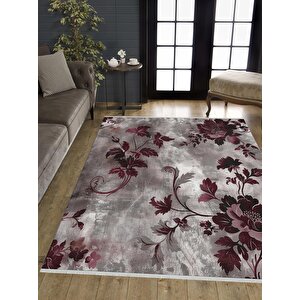 Pamuk Dokuma Taban Halı – Gri; Bordo – Çiçekli Desen, Eskitilmiş Görünümlü Tasarım, Makinede Yıkanabilir, Kolay Temizlenebilir, Toz Ve Tüy Tutmaz, Kaymaz, Evcil Hayvan Dostu 160x180 cm