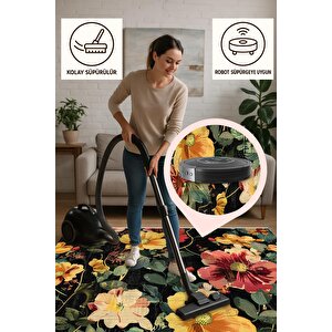 Mutfak Halısı – Siyah; Sarı; Kırmızı; Yeşil – Çiçek Desen, Makinede Yıkanabilir, Kolay Temizlenebilir, Toz Ve Tüy Tutmaz, Kaymaz, Evcil Hayvan Dostu
