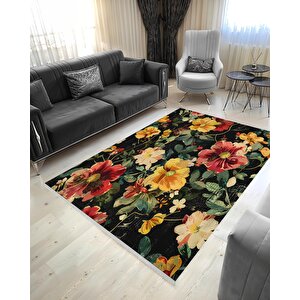 Mutfak Halısı – Siyah; Sarı; Kırmızı; Yeşil – Çiçek Desen, Makinede Yıkanabilir, Kolay Temizlenebilir, Toz Ve Tüy Tutmaz, Kaymaz, Evcil Hayvan Dostu