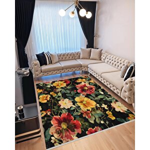 Mutfak Halısı – Siyah; Sarı; Kırmızı; Yeşil – Çiçek Desen, Makinede Yıkanabilir, Kolay Temizlenebilir, Toz Ve Tüy Tutmaz, Kaymaz, Evcil Hayvan Dostu