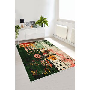 Pamuk Dokuma Taban Halı – Green; Pink; Orange; Ivory; Yellow – Floral Desen, Makinede Yıkanabilir, Kolay Temizlenebilir, Toz Ve Tüy Tutmaz, Kaymaz, Evcil Hayvan Dostu