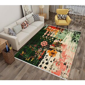 Pamuk Dokuma Taban Halı – Green; Pink; Orange; Ivory; Yellow – Floral Desen, Makinede Yıkanabilir, Kolay Temizlenebilir, Toz Ve Tüy Tutmaz, Kaymaz, Evcil Hayvan Dostu