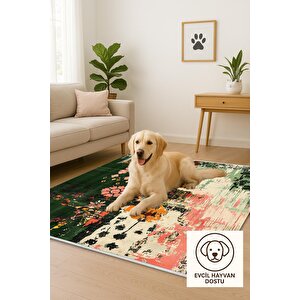 Pamuk Dokuma Taban Halı – Green; Pink; Orange; Ivory; Yellow – Floral Desen, Makinede Yıkanabilir, Kolay Temizlenebilir, Toz Ve Tüy Tutmaz, Kaymaz, Evcil Hayvan Dostu