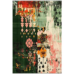 Pamuk Dokuma Taban Halı – Green; Pink; Orange; Ivory; Yellow – Floral Desen, Makinede Yıkanabilir, Kolay Temizlenebilir, Toz Ve Tüy Tutmaz, Kaymaz, Evcil Hayvan Dostu