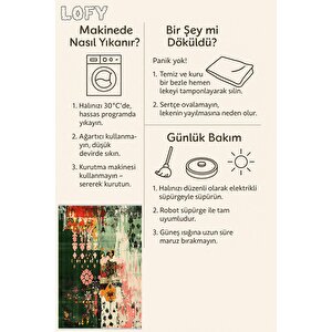 Pamuk Dokuma Taban Halı – Green; Pink; Orange; Ivory; Yellow – Floral Desen, Makinede Yıkanabilir, Kolay Temizlenebilir, Toz Ve Tüy Tutmaz, Kaymaz, Evcil Hayvan Dostu