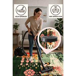 Pamuk Dokuma Taban Halı – Green; Pink; Orange; Ivory; Yellow – Floral Desen, Makinede Yıkanabilir, Kolay Temizlenebilir, Toz Ve Tüy Tutmaz, Kaymaz, Evcil Hayvan Dostu
