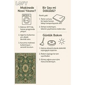Pamuk Dokuma Taban Halı – Yeşil, Krem, Kahverengi – Oriental Desen, Makinede Yıkanabilir, Kolay Temizlenebilir, Toz Ve Tüy Tutmaz, Kaymaz, Evcil Hayvan Dostu