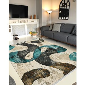 Oturma Odası Halısı – Siyah; Turkuaz – Soyut Desen, Makinede Yıkanabilir, Kolay Temizlenebilir, Toz Ve Tüy Tutmaz, Kaymaz, Evcil Hayvan Dostu 100x100 cm