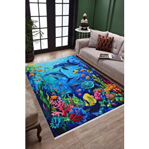 Pamuk Dokuma Taban Halı – Mavi; Sarı; Turuncu; Pembe; Yeşil – Denizaltı Desen, Makinede Yıkanabilir, Kolay Temizlenebilir, Toz Ve Tüy Tutmaz, Kaymaz, Evcil Hayvan Dostu 160x180 cm