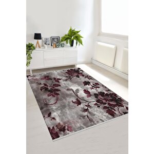 Pamuk Dokuma Taban Halı – Gri; Bordo – Çiçekli Desen, Eskitilmiş Görünümlü Tasarım, Makinede Yıkanabilir, Kolay Temizlenebilir, Toz Ve Tüy Tutmaz, Kaymaz, Evcil Hayvan Dostu 180x200 cm