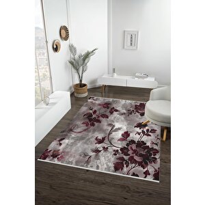 Pamuk Dokuma Taban Halı – Gri; Bordo – Çiçekli Desen, Eskitilmiş Görünümlü Tasarım, Makinede Yıkanabilir, Kolay Temizlenebilir, Toz Ve Tüy Tutmaz, Kaymaz, Evcil Hayvan Dostu